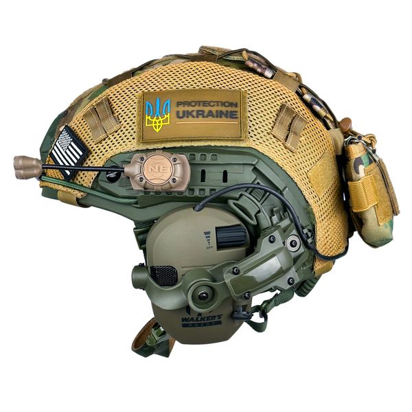 Комплект Шолом тактичний FAST Helmet NIJ IIIA + Навушники Walkers Razor Slim з чебурашкою + ліхтарик + кавер